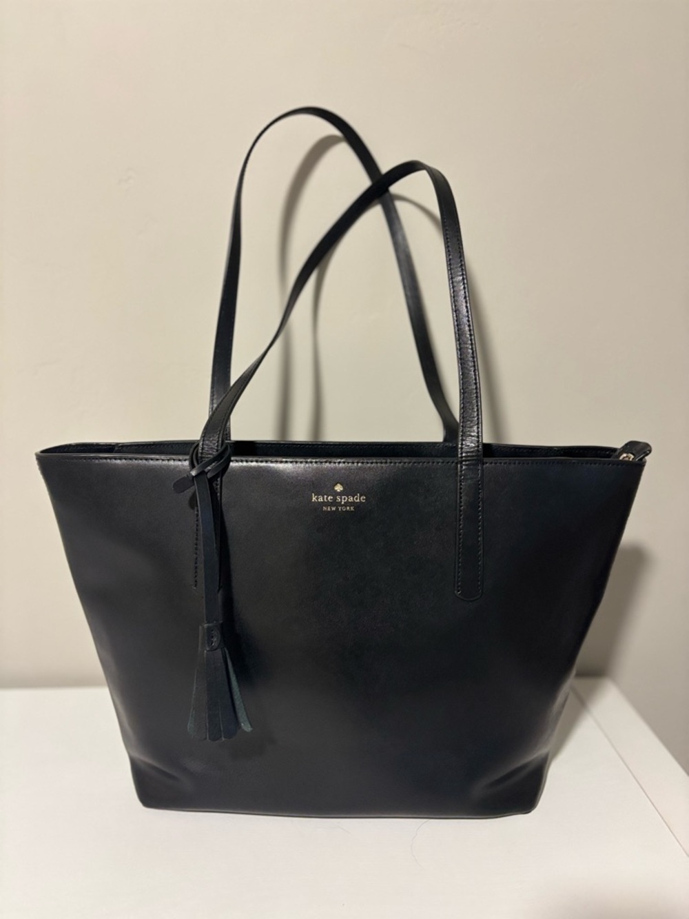 kate spade Black Leather Tote with Tassel Detail
